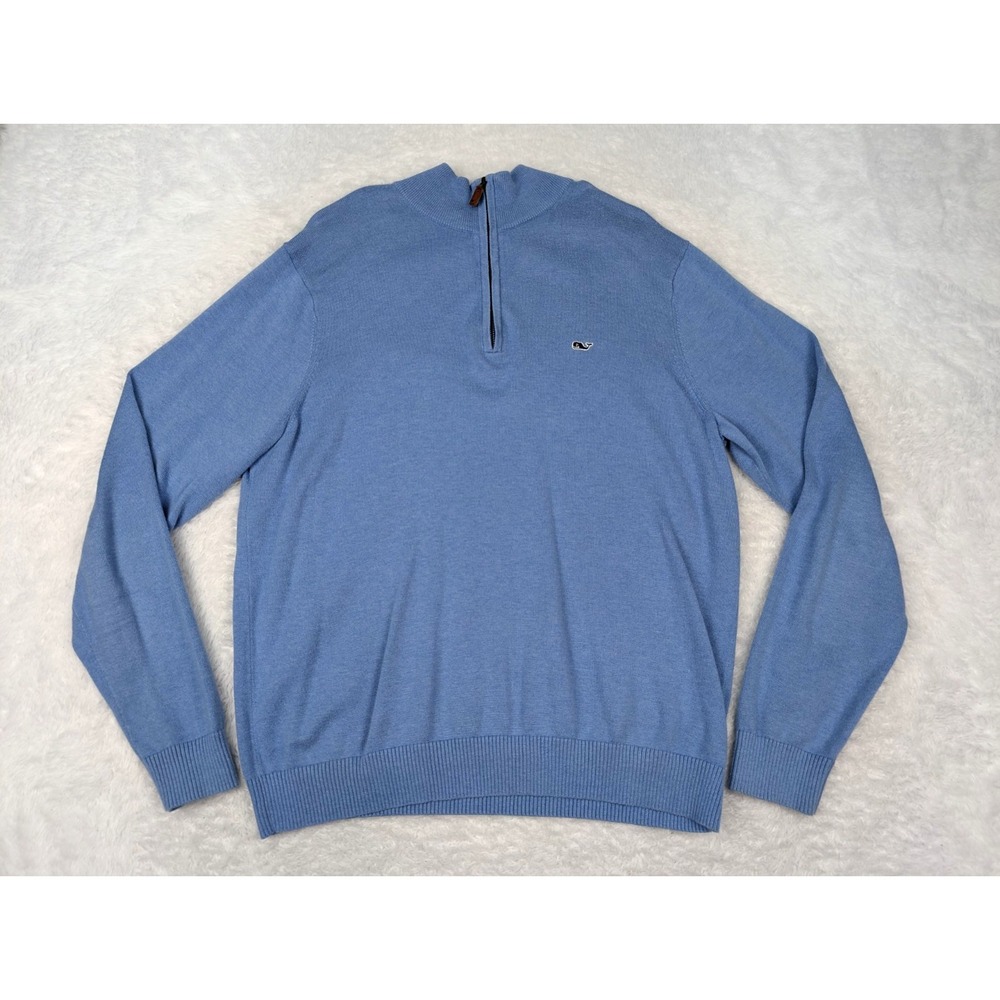 Vineyard Vines 1/4 Zip Sweater Men's Size M Blue‎ Logo Knit Mock Neck